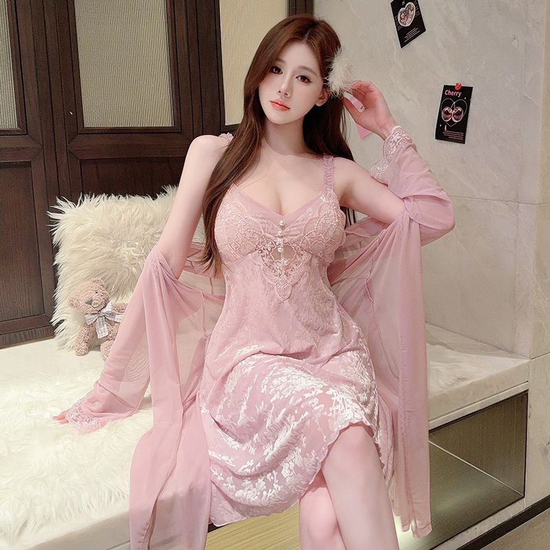 2025 Summer 2PCS Sexy Lace Lin - огляд і ціна Robe Silk Women